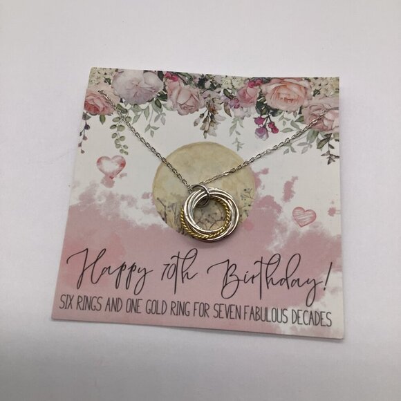 925 Sterling Silver 70th Birthday Necklace Pendant With Six Rings & One Gold Rin - Picture 2 of 16